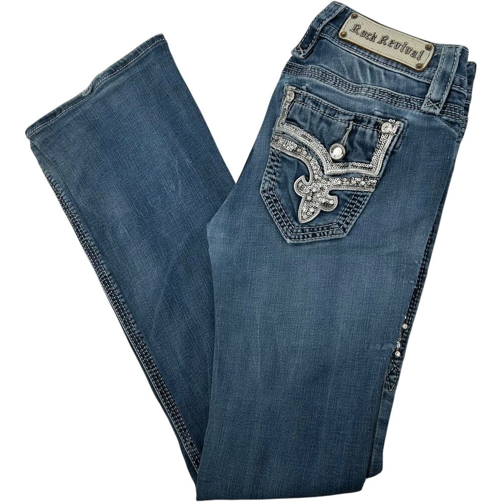 VTG y2k Women's Low Rise Rock Revival Medium Wash Blue Denim Betty Bootcut Jeans